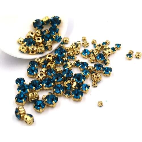 100pcs/bag Mixed size glass strass crystal Clothing loose beads gold base sewing Peacock blue rhinestones diy Wedding decoration