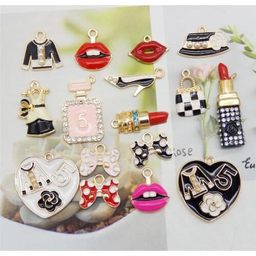 16pcs Mixed Crystal Peal Enamel Women Girl Dress Clipstick purse shoes charm Gold Pendant Necklace Bracelet DIY Jewelry Making