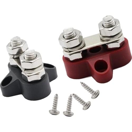 2Pcs M8 (5/16'') Stainless Steel Dual Stud Power and Ground Junction Blocks, Battery Power Stud Junction, Black & Red