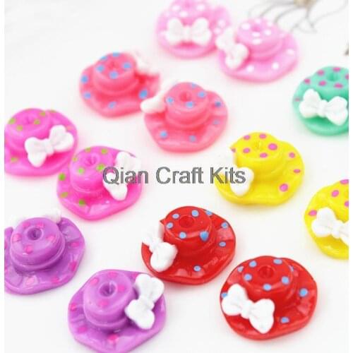 200pcs mixed color polka dot hat with bow kawaii resin cabochons (20x19x5mm) Cell phone decor, hair accessory DIY helmat