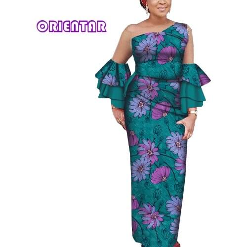African Dresses for Women Sexy Slash Neck Flare Sleeve Lady Dress Print Fashion Long Robe Dresses Plus Size Dashiki Party WY785