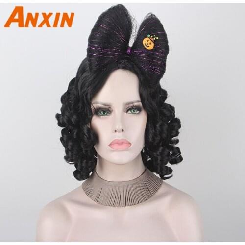 ANXIN 2020 New Short Hair Bow Black Wave Curly Hair High Temperature Silk Synthetic Fiber Material Life Out To Wear A Wig