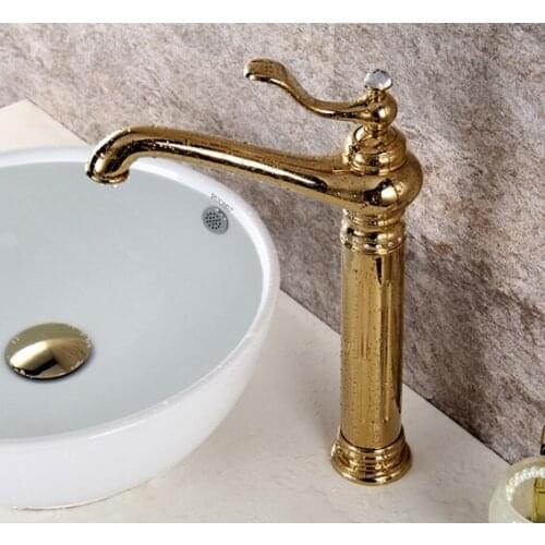 Free shipping Gold PVD clour single hole Bathroom tall Vessel sink crystal faucet mixer tap