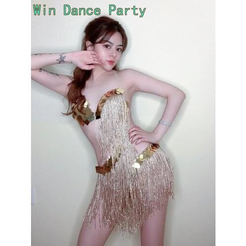 Sparkly Bikini Rhinestone Tassel Leotard Nightclub Costume Show Stage Wear Party Bodysuit Jazz Dance Singer Performance Outfit