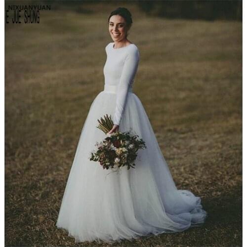 E JUE SHUNG Simple Tull Wedding Dresses Long Sleeve A Line Scoop Neck Stain Sash White Ivory Bridal Gowns Vestios De Novia
