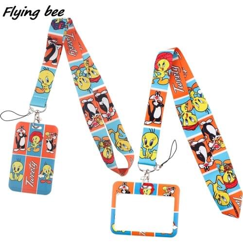 Flyingbee X1976 Cartoon Bird Funny Cat Lanyard ID Holder Car KeyChain ID Card Pass Gym Phone Badge Kids Key Ring Holder Jewelry