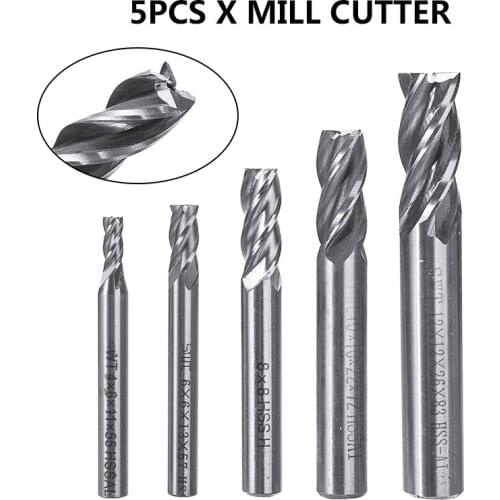 5Pcs 4 Flute 4/6/8/10/12mm Straight End Shank End Mill Set HSS CNC Milling Cutter For Wood Copper Steel Iron Cutting Tools