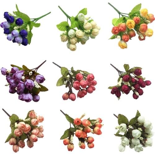 Hot YO-Silk cloth artificial flower 15 heads Mini Rose Home Decor for wedding small roses bouquet decoration (Autumn wine red)