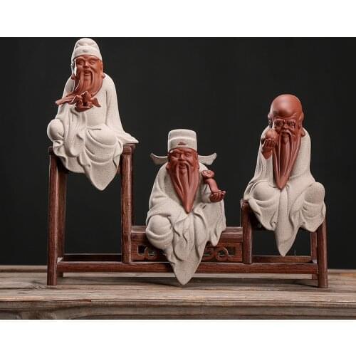 Ceramic Fu Lu Shou God of Wealth Buddha Statue Chinese style purple sand handmade sculpture Home lucky decoration statue