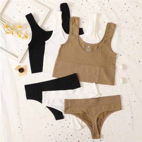 2Pcs Bra Underwear Set Women Seamless Crop Top Tank High Waist Thong Panties Sportwear Fitness Crop Top Bralette Lingerie Suits