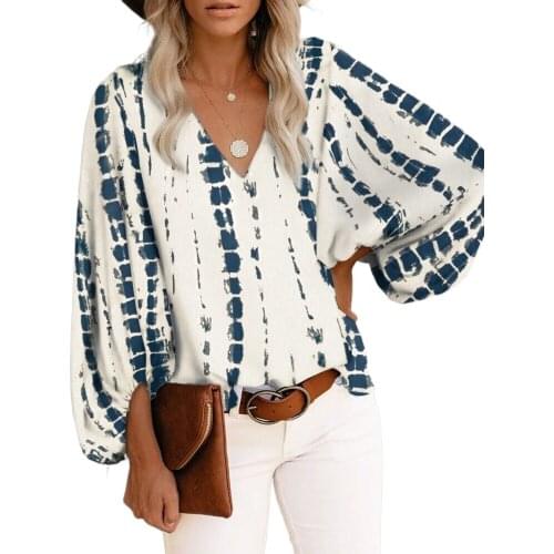Summer Women Blouse Shirt Top 2021 Lanter Sleeve Top V-neck Shirt Print Women Tops Long Sleeve Women Blouse Tops Loose Shirts