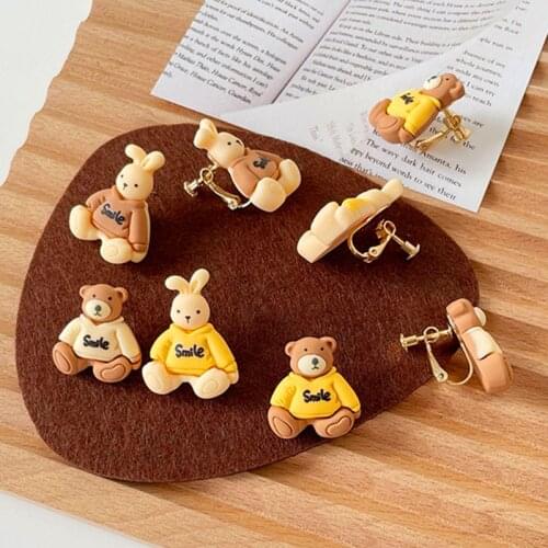 Cute Samall Bear Clip Earrings Yellow Brown Acrylic Stud Earring for Girls Lovely Sweet Animal Ear Jewelry Without Pierced Ears
