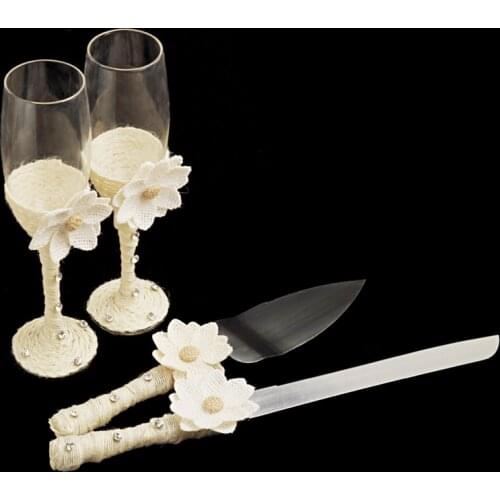 4pcs Ribbon Flower Decorated Stainless Steel Cake Knife Serving Set Champagne Wine Glass Goblet Cup For Wedding Birthday Party