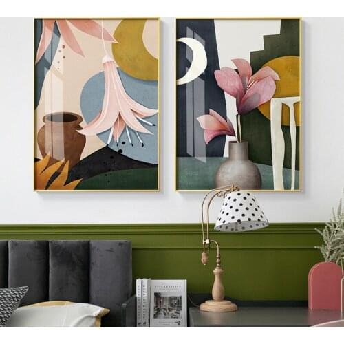 Colorful Plant Flower Canvas Painting Moon Cat and Fish Wall Art Nordic Posters and Prints Tiger Picture Modern Home Decoration