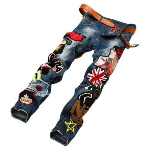 New Fashion Brand Men Jeans American Style 100% Cotton Denim Hip Hop Patchwork of National Flag Fashion Jeans Men 597
