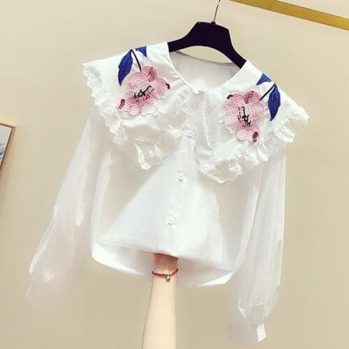 Autumn White Blouse for Women New Korean Handmade Embroidery Flower Lace Edge Long Sleeve Doll Turn-collar Shirt Blusa Tops