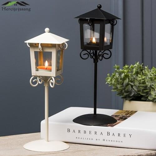 Candlestick Metal Retro Street lights Candle Holder Lantern Iron Glass Stand Pillar for Home Decoration Candelabra GZT021