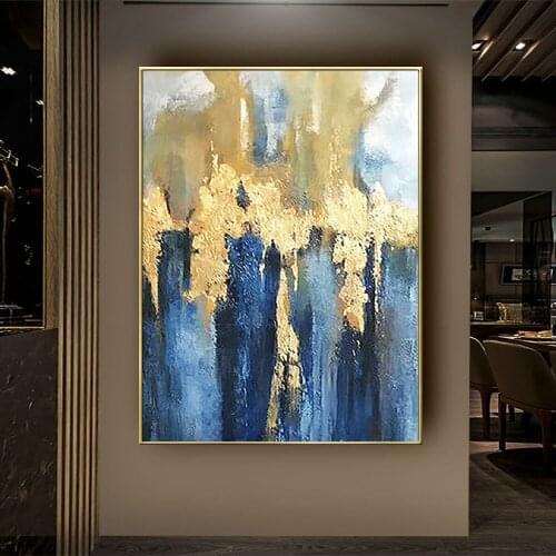 Pop Hand-painted High Quality Modern Gold and Blue Abstract Oil Painting on Canvas for Living Room Decor Abstract Wall Painting