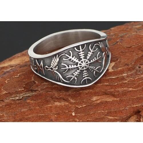 Nordic viking odin symbol Raven Rune Vegvisir Stainless steel Ring With Valknut Gift Bag