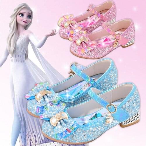 Disney girls single shoes elsa princess shoes spring and autumn new girl bow leather shoes baby crystal shoes