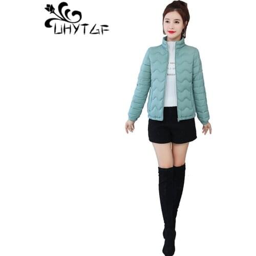 UHYTGF Woman parkas short jacket casual Thin and light sweet autumn winter cotton coat Korean slim 4XL plus size outerwear 1043