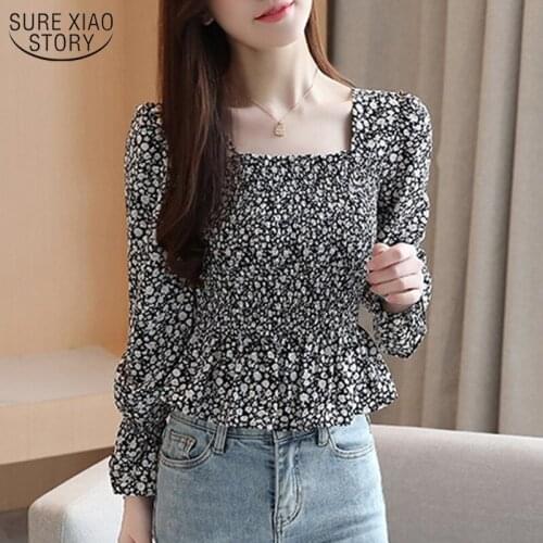 Floral Flare Sleeve Chiffon Blouse Women 2021 Autumn Office Korean Print Pullover Women Shirt Plus Size Clothing Blusas 10519