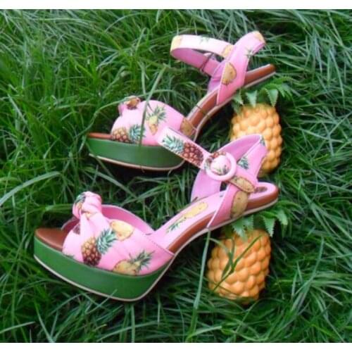 Sweet Women Pineapple Heel Sandals Summer Platform Printed Pink Fruit Pineapple Sandal Woman Chunky Heels Ankle Strap Shoes