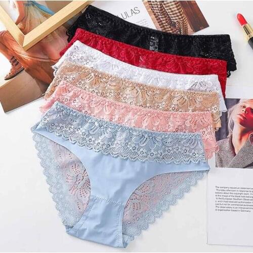 Women Summer Panties Lingerie Solid Color Lace Floral Hollow Out Briefs Underwear Breathable Ice Silk Cotton Crotch Undrepants