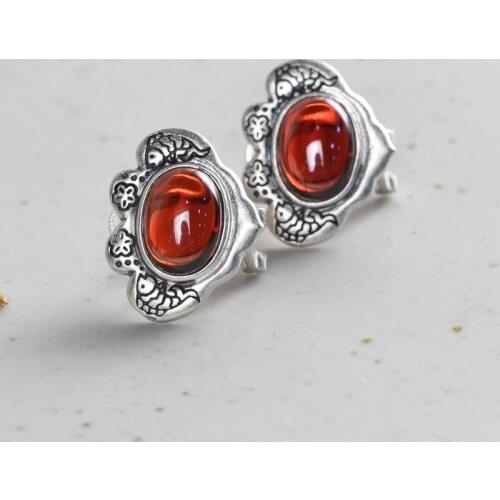 FNJ Red Zircon Fish Flower Earrings 925 Silver Original Pure S925 Sterling Silver Stud Earring Women Jewelry Vintage Simple