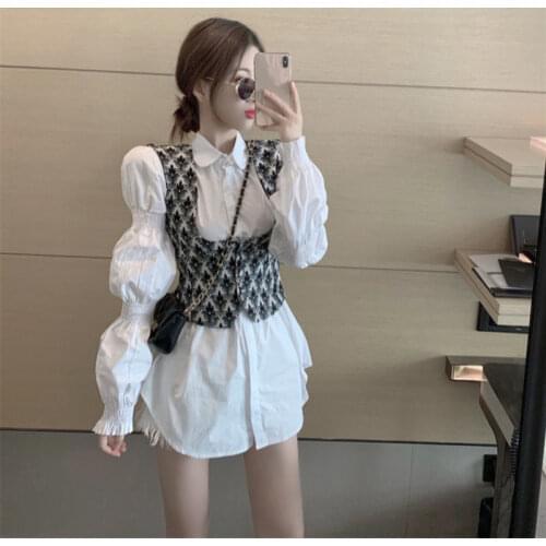 Vintage Women Shirts Suits Autumn New 2021 Long-Sleeved Slim White Shirts And Knitted Vest Office Lady Clothing Sets Top Quality
