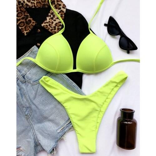 Women Sexy Solid Two Piece Bikini Set Padded High Leg Triangle Female Bathing Suit Swimwear