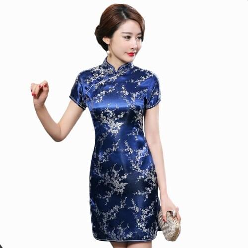 Navy Blue Traditional Chinese Dress Womens Satin Qipao Summer Sexy Vintage Cheongsam Flower Size S M L XL XXL 3XL WC100