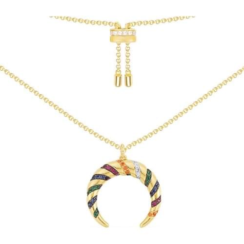 SLJELY Women Pure 925 Sterling Silver Yellow Gold Color Multicolor Zircon Stripes Moon Crescent Tribal Pendant Adjust Necklace