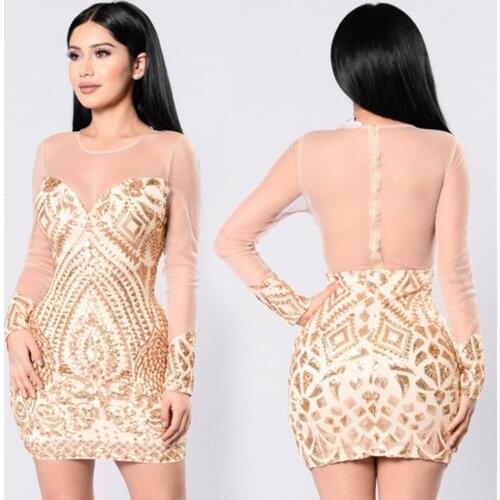 Golden O Neck mesh sequin dress Striped sexy elegant ladies dresses Bodycon club party dress vestidos de fiesta 2018 New