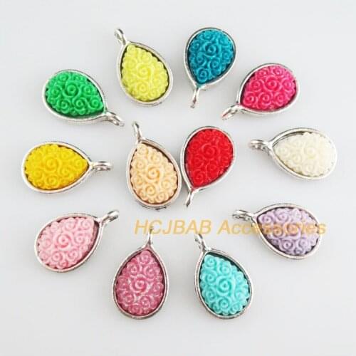 12 New Flower Charms Tibetan Silver Tone Retro Mixed Teardrop Resin Pendants 12x21mm