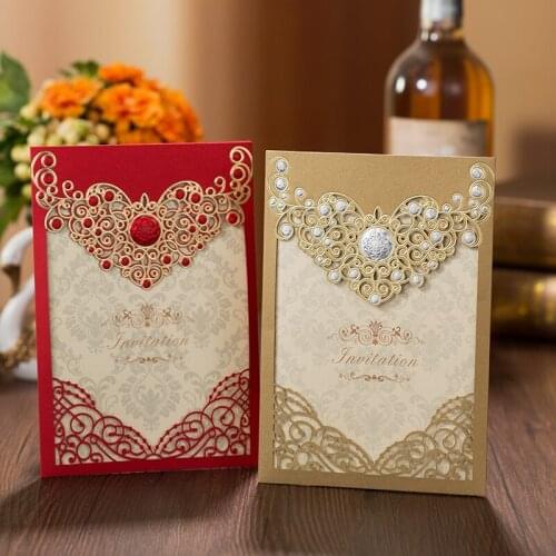 25pcs Gold Red Laser Cut Crown Flora Wedding Invitations Card Greeting Cards Customize Envelopes Wedding Event Party Decoration