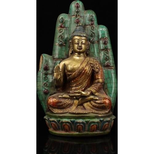 9" Tibetan Buddhism Temple Bronze inlaid with gemstones and painted gold with bergamot Shakyamuni Buddha Amitabha statue