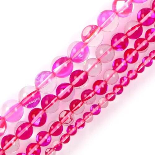 15" Rose Red Glitter Clear Austria Crystal Dull Polish Moon Stone Loose Beads For Jewelry Making Bracelet Necklace 6-12mm