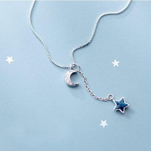 MloveAcc 100% 925 Sterling Real Silver Box Chain Choker for Women Blue Star & Moon Charms Pendant Necklace