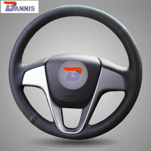 BANNIS Black Artificial Leather DIY Hand-stitched Steering Wheel Cover for Hyundai Solaris Verna I20 Accent