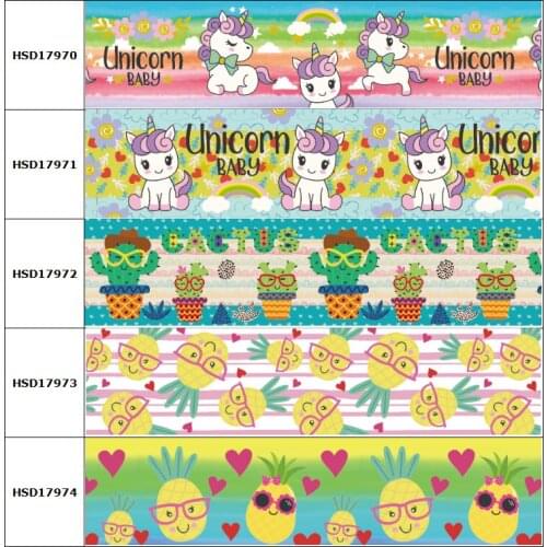 HSDCraft 25mm 38mm Unicorn Pineapple Cactus Printed Grosgrain Ribbon Party Decoration 10 Yards DIY Bow Bag Material Handmade