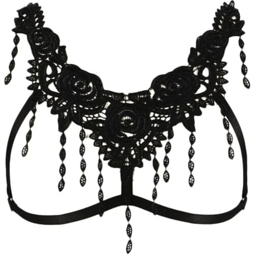 JLX.HARNESS Lace Cage Bra Sexy Women Bondage Lingerie Harness Belt Adjustable Lace Flowers Body Harness Bra Black Body Cage