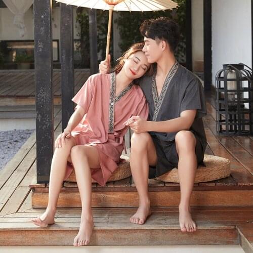 New Summer Japanese Kimono Women Pajamas Solid Color Mens Kimono V Neck Yukata Sweat Steaming Suit Couple Casual Homewear Men