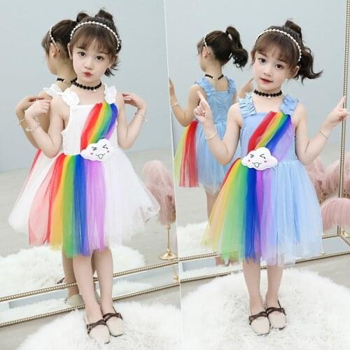 Fancy Kids Off Shoulder Dresses Mesh Laces Rainbow Colored Evening Dress Girls For Princess Baby Rainbow Colored Clothing Top