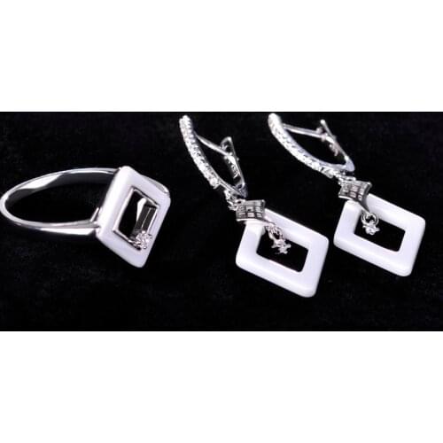 Fashion Bridal Wedding Jewelry Sets Earrings Rings White Ceramic Square Drop Earrings Crystal Copper Anel Aros Keramik Schmuck