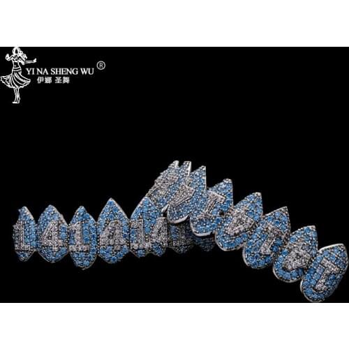 Iced Out Hip Hop 1414 Teeth Grillz Bling AAA Cubic Zircon Silver Color Eight 8 Top&Bottom Vampire Tooth Grills Set For Gifts New