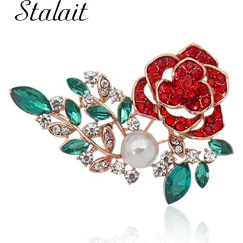 New Red Crystal Rose Flower Brooches Rhinestones Green Leaf Ins Silk Scarf Buckle Corsage Retro Anti Fade Jewelry Accessories