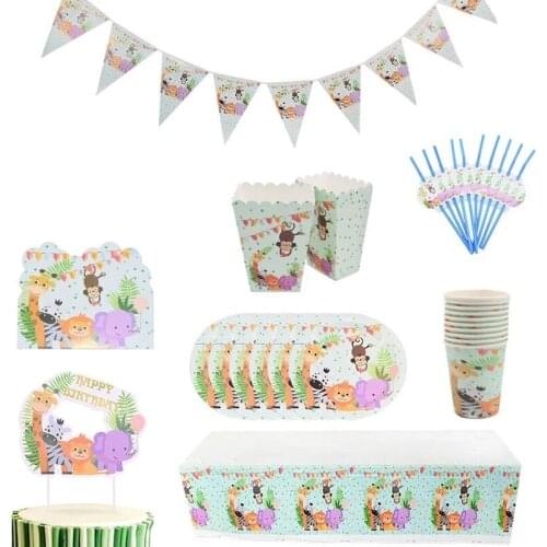 Safari Cartoon Animal Disposable Tableware Paper Cup Plate Tablecloth Kids Birthday Party Decoration Jungle Party Supplies