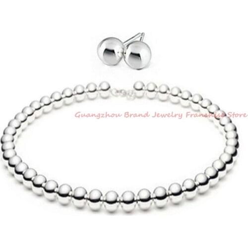 Dazzling Lovely Jewelry Set Silver color 8mm Beads Fashion 316L Stainless Steel Pure HandmadeNecklace Earrings For Girs Gift
