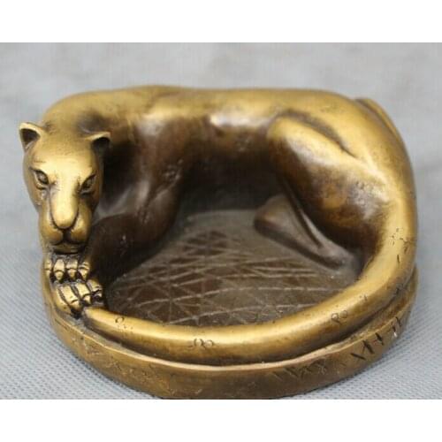 Song voge gem S2810 Chinese Bronze Animals Wealth Wild Lying Spotted Leopard Panther Statue Ashtray